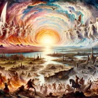 Celestial beings battle human warriors amid ruined landscapes. The horizon ablaze signifies the apocalyptic nature of the Battle of Armageddon in this panoramic scene.