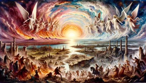 Celestial beings battle human warriors amid ruined landscapes. The horizon ablaze signifies the apocalyptic nature of the Battle of Armageddon in this panoramic scene.