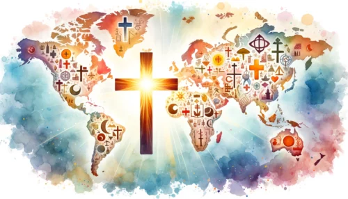 World map with various religious symbols scattered across, while a radiant cross stands prominently, casting a gentle glow over the landscape, symbolizing the distinct presence of Christianity.