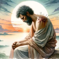 Apostle Paul sitting in contemplation, with a visible thorn symbolically embedded in his shoulder, representing his struggles and challenges.