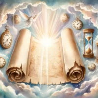 Ancient scroll, illuminated by a soft divine light, with symbols of time like hourglasses and clocks faded in the background, representing the quest to understand age in heaven.