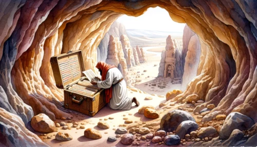 Desert landscape with a hidden cave entrance. Inside the cave, a person examines old manuscripts, representing the discovery of the Gnostic Gospels in the 20th century.