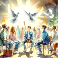 Young individuals bathed in radiant light speaking in tongues. White doves soar above, symbolizing the presence of the Holy Spirit.