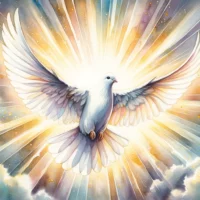 A dove, representing the Holy Spirit, soaring gracefully against a backdrop of radiant light, showcasing His distinct and divine personality within the Trinity.