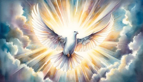 A dove, representing the Holy Spirit, soaring gracefully against a backdrop of radiant light, showcasing His distinct and divine personality within the Trinity.