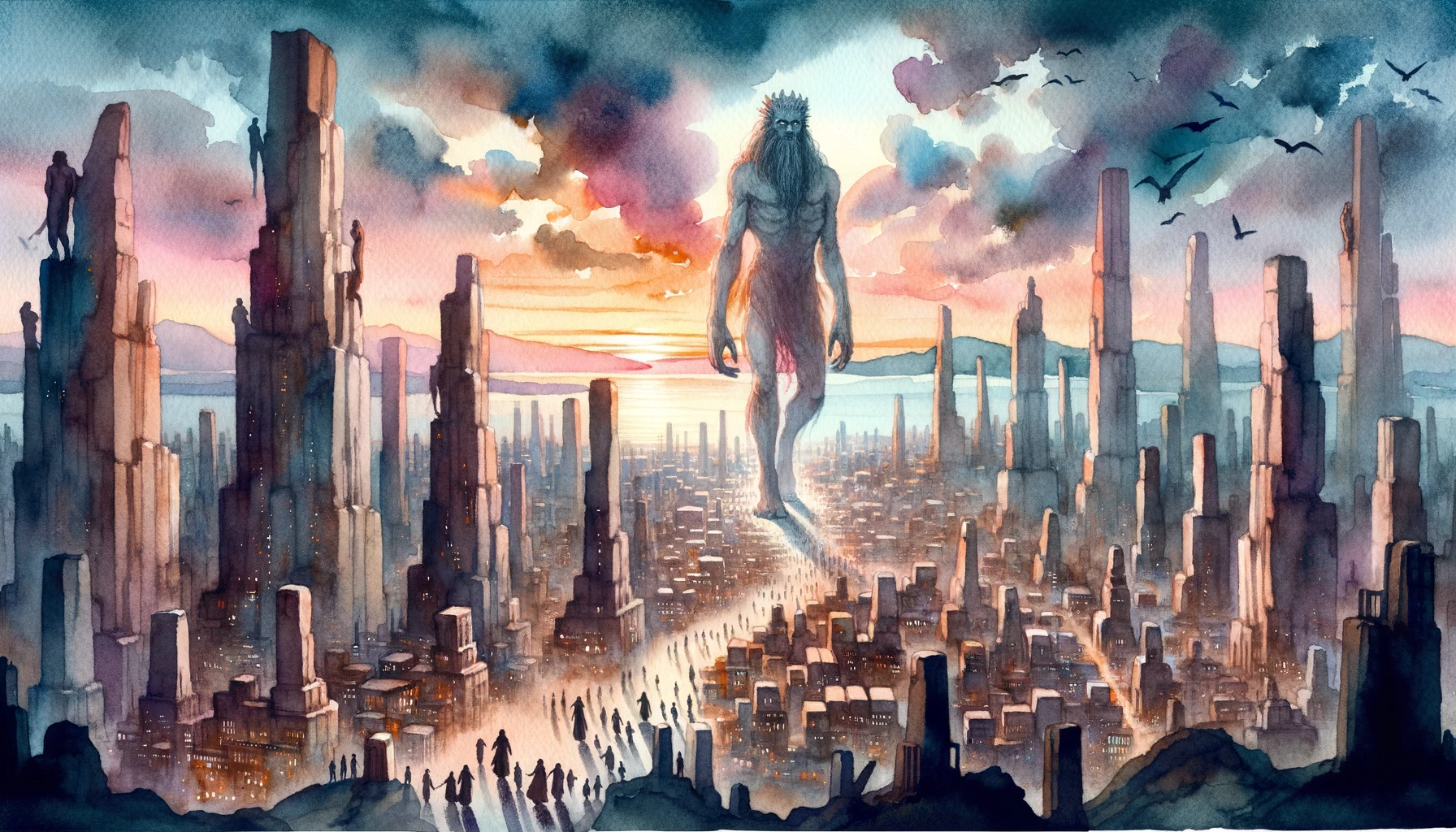 Vast ancient cityscape at twilight. Towering figures, representing the Nephilim, walk among the city structures, their presence evoking awe and wonder among the inhabitants.