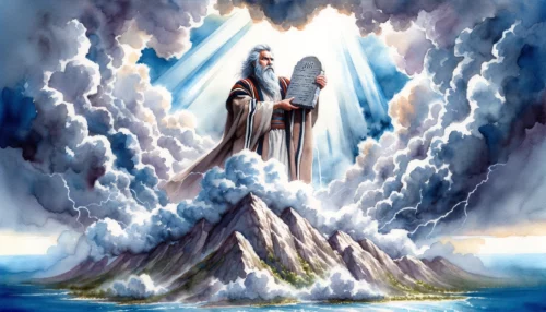 Moses holding the Ten Commandments atop Mount Sinai. Thunderclouds gather around the peak, with rays of divine light breaking through, highlighting the significance of Israel in receiving God's laws.