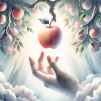 Hand reaching out towards the forbidden fruit, surrounded by a soft ethereal light and shadow, symbolizing the allure and consequence of the Tree of Knowledge.