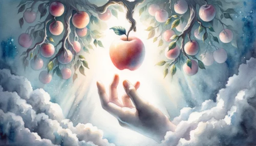 Hand reaching out towards the forbidden fruit, surrounded by a soft ethereal light and shadow, symbolizing the allure and consequence of the Tree of Knowledge.