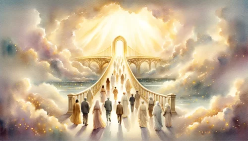 Heavenly landscape with a bridge connecting Earth to Heaven. Diverse individuals walk towards it, symbolizing the transition from earthly life to eternal heavenly existence.