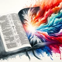 Open Bible: Left page in black and white, the Old Testament, symbolizing historic austerity. Right page in vibrant colors, the New Testament, reflects the new covenant and the introduction of Jesus Christ.