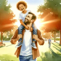 Christian father and son share laughter in a park. Dad carries son on shoulders, underlining their joyful and strong bond.