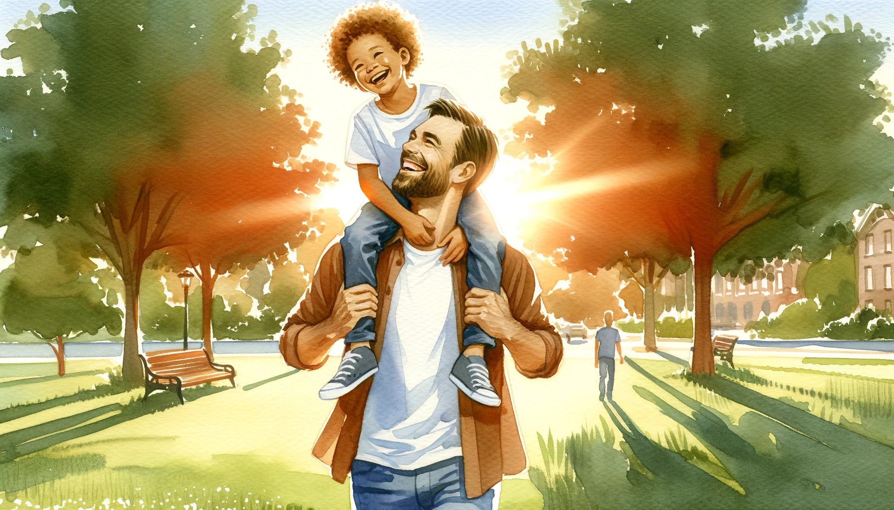 Christian father and son share laughter in a park. Dad carries son on shoulders, underlining their joyful and strong bond.