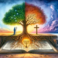 Biblical roots of Christianity and Judaism illustrated through a tree, menorah, and cross.