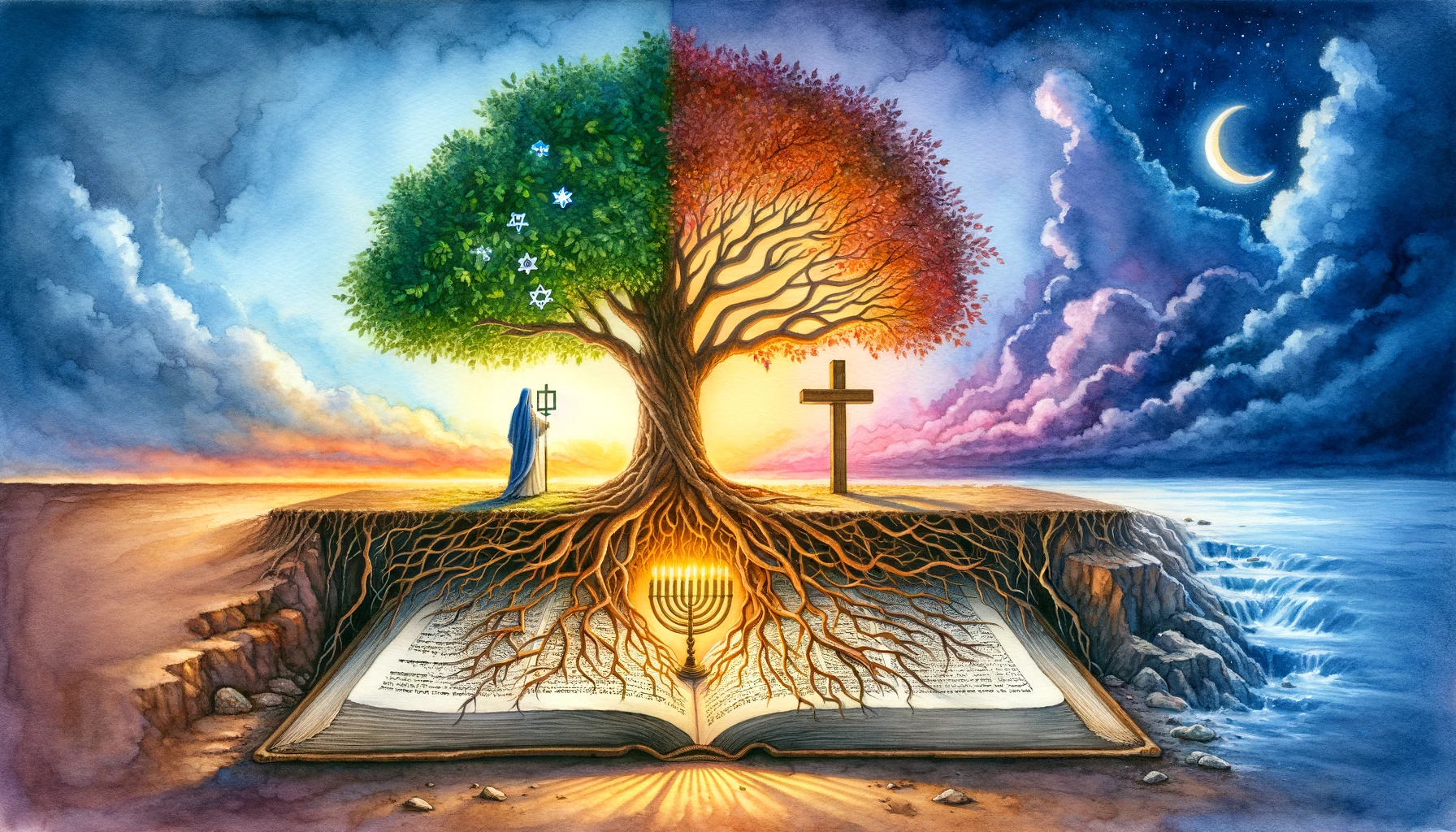 Biblical roots of Christianity and Judaism illustrated through a tree, menorah, and cross.
