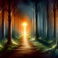 A pathway through a dimly lit forest leading to a glowing cross, symbolizing the journey from doubt to faith.