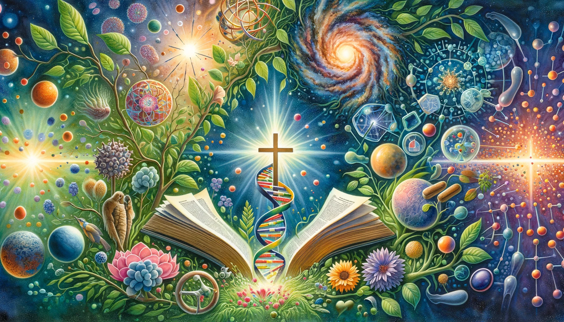 Open Bible merging into DNA helix with a cross illuminating a galaxy, symbolizing the unity of faith and science.