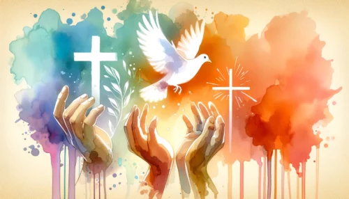 Spiritual depth through simplicity: cross, dove, prayer hands.