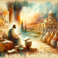 A watercolor painting blending symbols of Jesus, ancient texts, and historical elements.