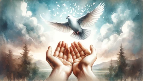 The gentle release of a dove, symbolizes divine aspirations for human freedom and faithfulness.