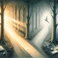 Illuminated path with faith symbols contrasts shadowy confusion, highlighting spiritual discernment.