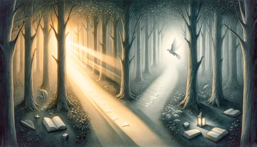 Illuminated path with faith symbols contrasts shadowy confusion, highlighting spiritual discernment.