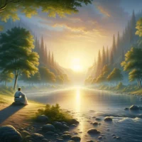 Solitary figure in contemplation by a vibrant riverside at dawn, reflecting Christian meditation.