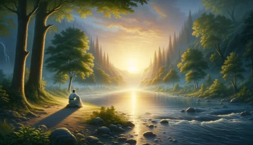 Solitary figure in contemplation by a vibrant riverside at dawn, reflecting Christian meditation.
