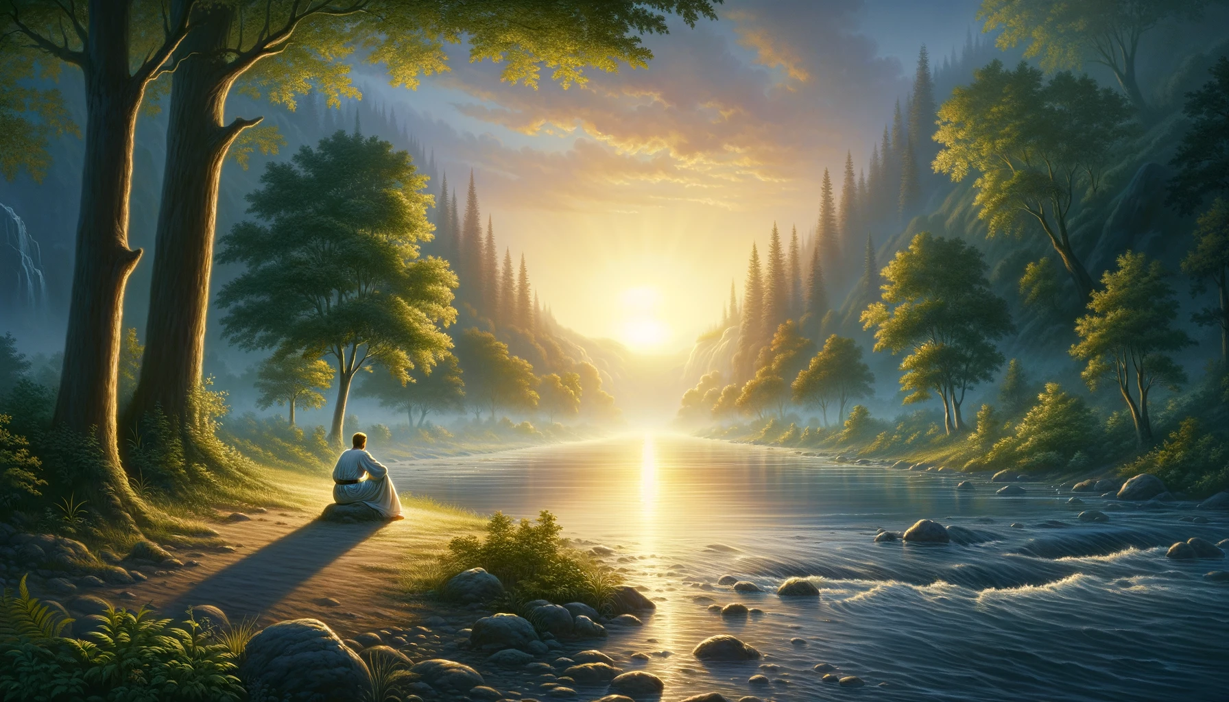 Solitary figure in contemplation by a vibrant riverside at dawn, reflecting Christian meditation.